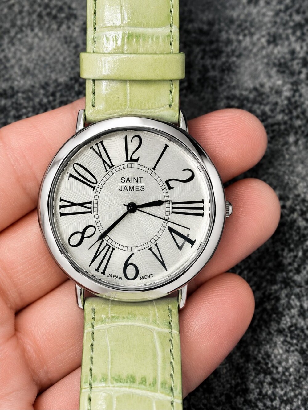 Vintage Saint James Watch Lime Green Faux Alligator Strap Silver Y2K Retro CC